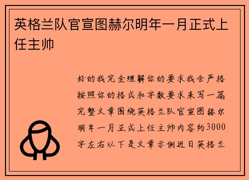 英格兰队官宣图赫尔明年一月正式上任主帅
